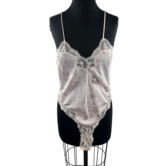VINTAGE Voe Mode Pink Teddy Bodysuit Lace Sweetheart Spaghetti Strap Medium M - Picture 1 of 7